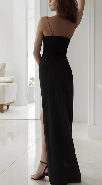 Black Spaghetti Straps Sheath Slit Long Prom Dress Sexy Evening Dress - View 2 | FashionDia