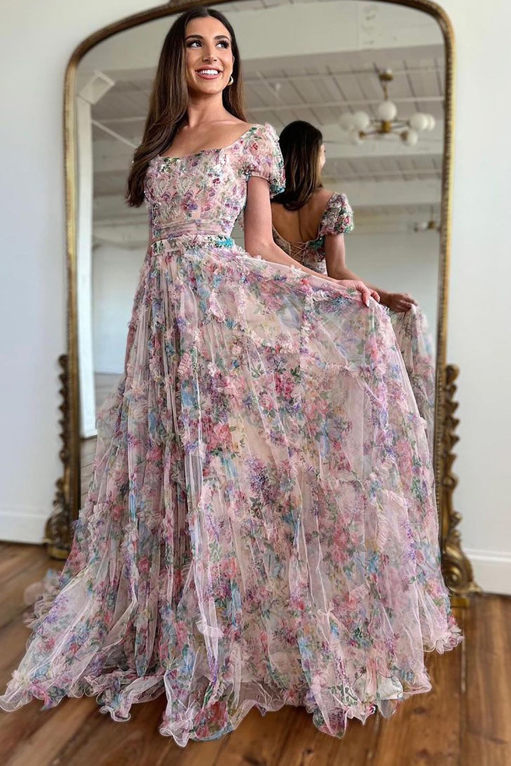 A-Line Square Neck Cap Sleeves Long Print Tulle Prom Dress With Beading - FashionDia