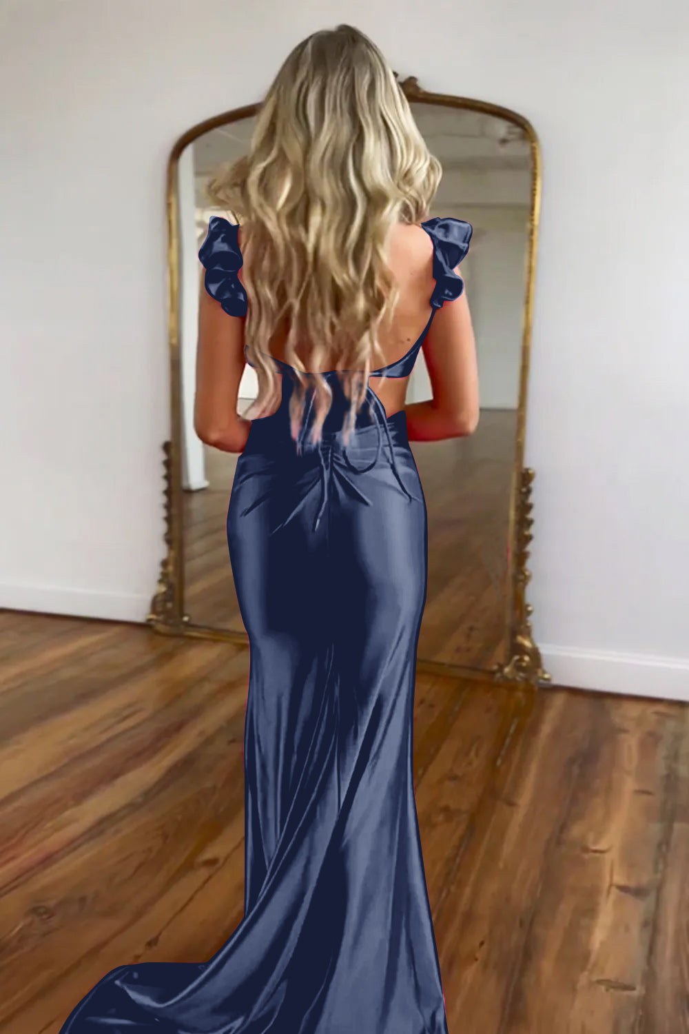 Hot Pink Satin Cutout Waist Mermaid Long Prom Dress With Flower