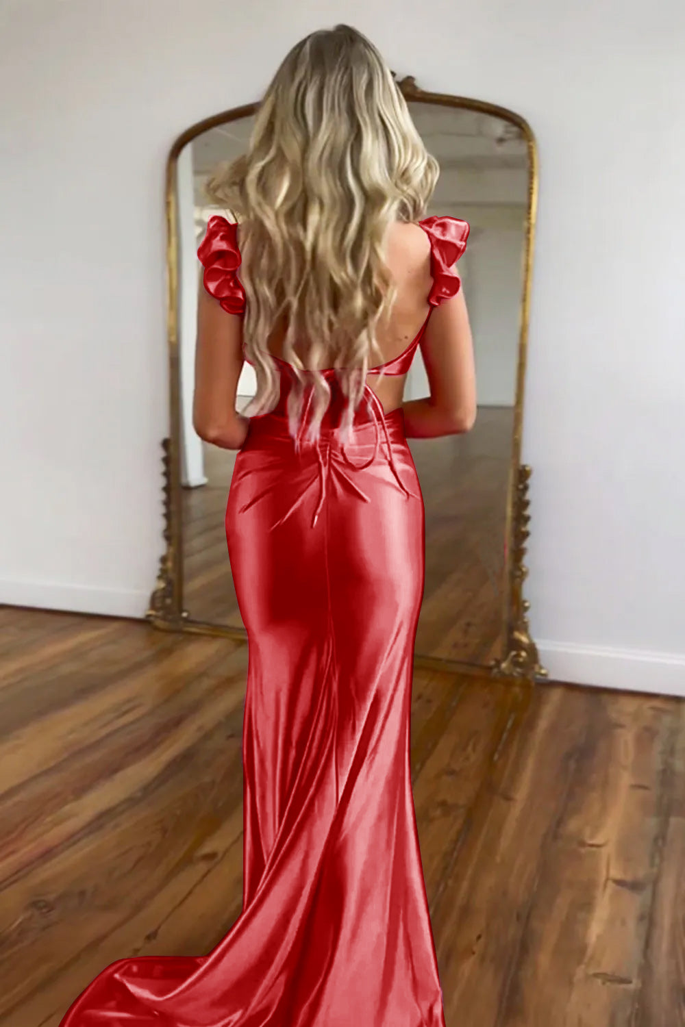 Hot Pink Satin Cutout Waist Mermaid Long Prom Dress With Flower