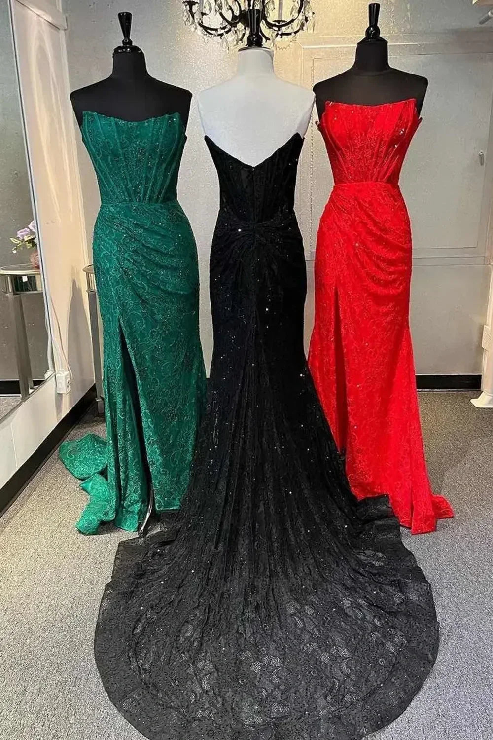 Gorgeous Mermaid Strapless Sweep Train Lace Prom Dress With Slit