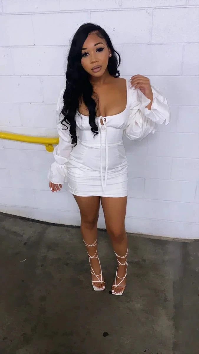Solid Color Sweet Puff Sleeve Mini Dress White Homecoming Dress (ZD12735)