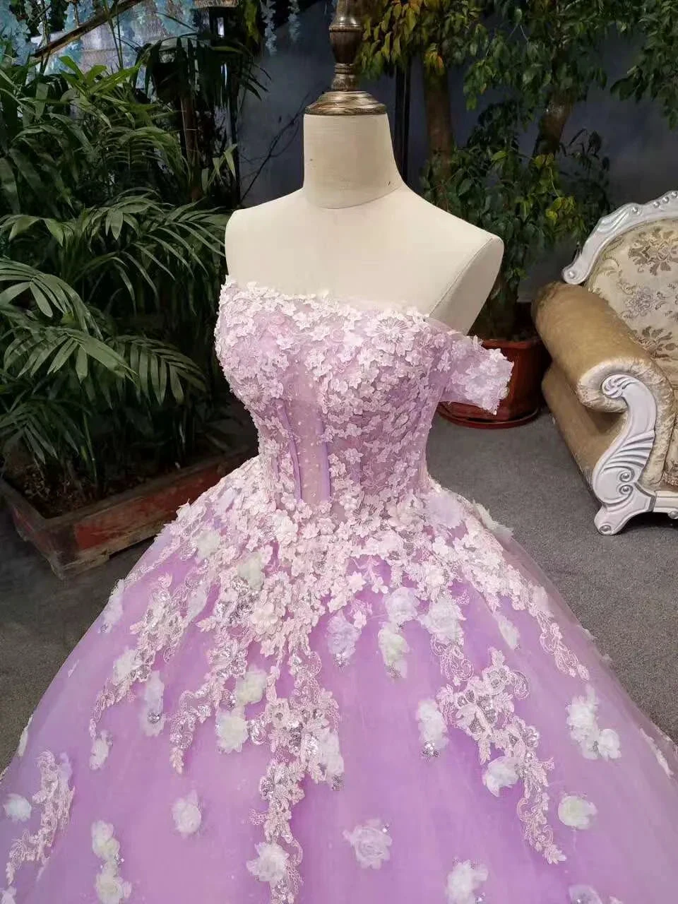 New Arrival Floral Wedding Dresses A-Line Floor Length Lace Up Off The Shoulder Ball Gown With Beads And Appliques Y1090 by simplepromdress