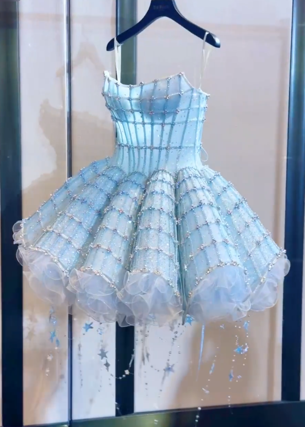 Classy Blue Strapless Tulle Beaded A Line Princess Birthday Dress Formal Homecoming Dress