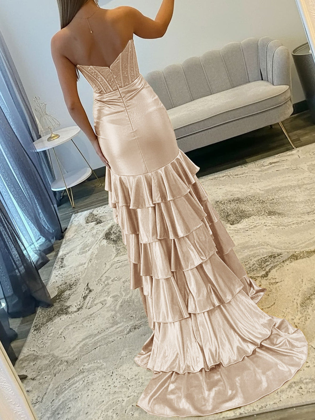 Luxury Crystal Ruffle Removable Off Shoulder Long Mermaid Prom Dress in Champagne - View 2 | VelvetHem