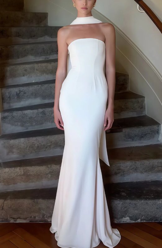 Classy White Mermaid Prom Dress, Strapless Prom Dress Wedding Gown