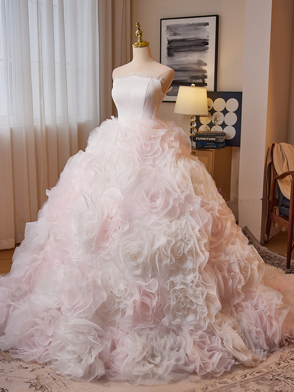 Gorgeous Tulle Rose Flower Strapless Quinceanera Dress Sweet 16 Ball Gown - View 2 | FashionDia