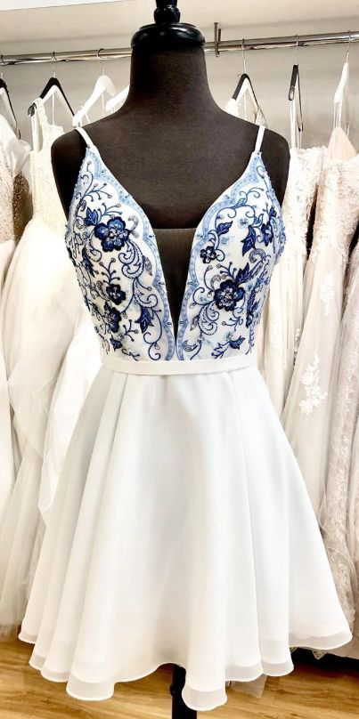 cute short whtie and blue floral embroidery short homecoming dress - FashionDia