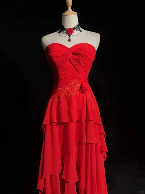 Chic Red Chiffon Appliques Layered Party Dress Elegant Prom Evening Gown