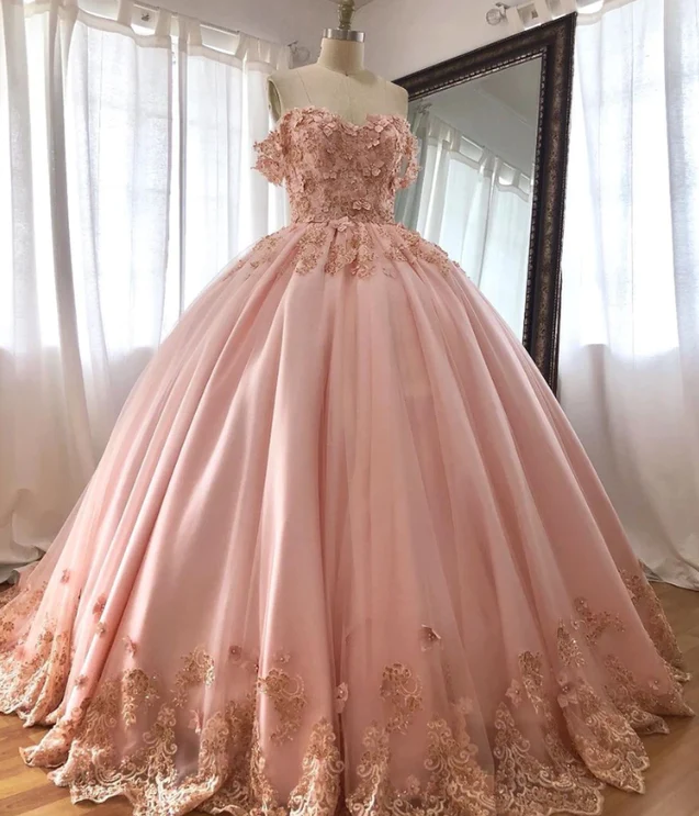 Pink Embroidered Lace Quinceanera Dresses Ball Gowns