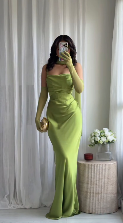 Elegant Green Spaghetti Straps Satin Pleated Mermaid Party Dress Formal Wedding Guest Dress - FashionDia