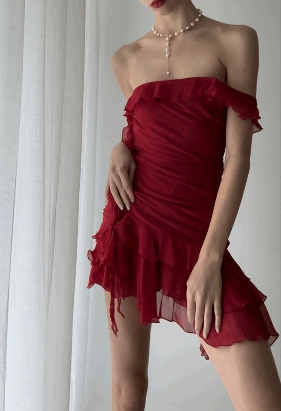 Irregular Off-the-Shoulder Ruffle Red Short Party Dress Homecoming Dress - FashionDia