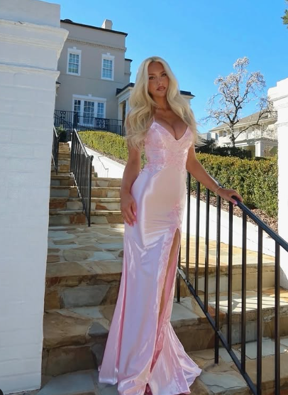 Pretty Pink Satin Appliques Mermaid Evening Dress,Spaghetti Straps Slit Prom Dress - View 6 | FashionDia