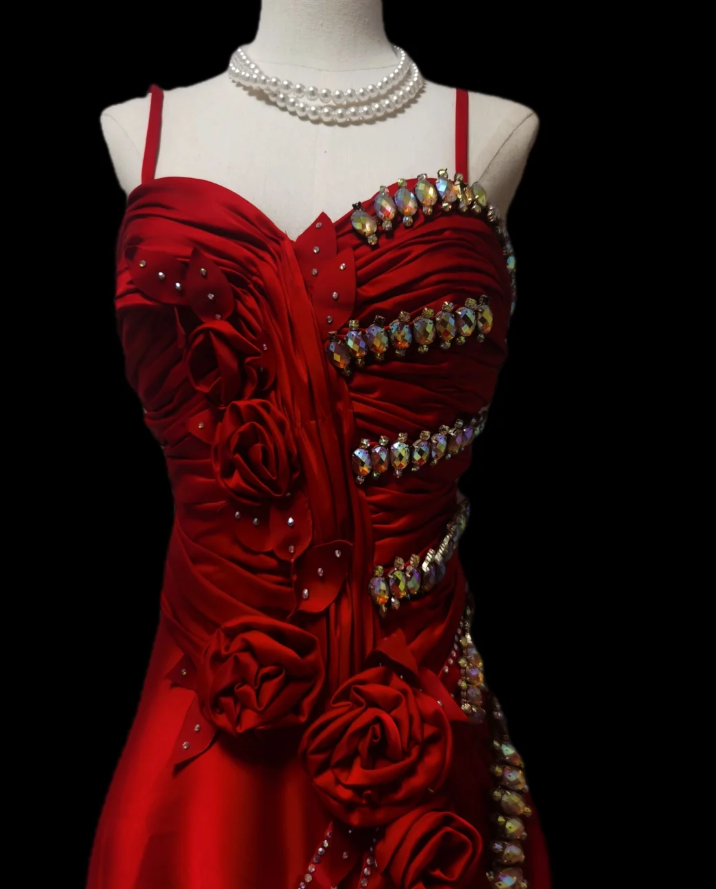 Charming Red Spaghetti Straps Satin Pleated Beaded Mermaid Evening Dress Long Prom Gown With 3D Flowers - View 2 | FashionDia