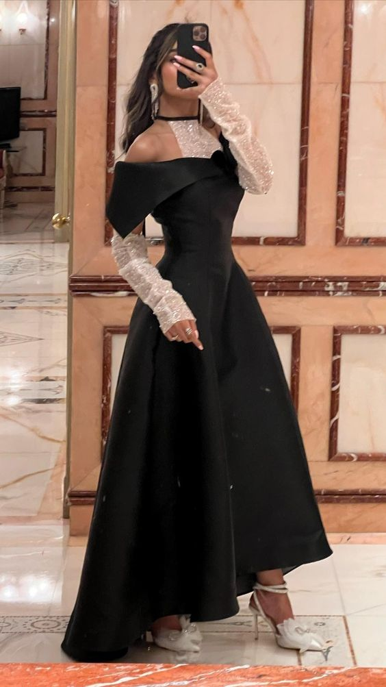 Classy Black A-line Satin Evening Dress Black Dinner Dress Y6700 - View 2 | VelvetHem