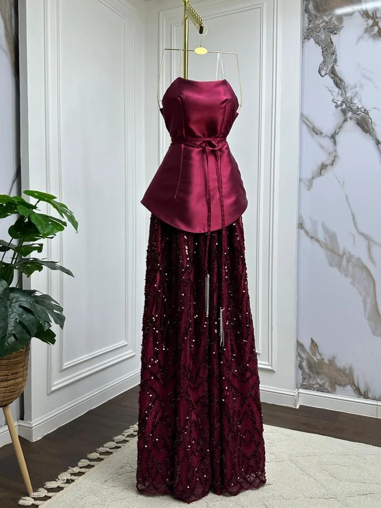 Vintage Burgundy Satin Sequin Evening Dress Formal Prom Dress - View 4 | FashionDia