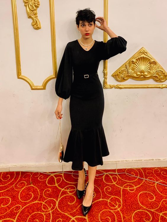 Elegant Black Long Sleeves Mermaid Prom Dress,Black Evening Dress