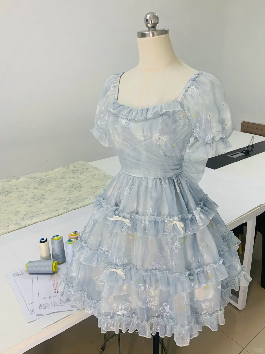 Cute Blue Square Neck Chiffon Print Floral Ruffles A-Line Homeocming Dress Princess Bithday Outfits - View 2 | FashionDia