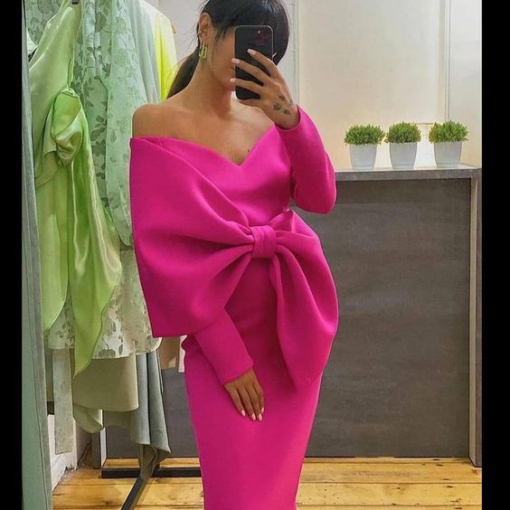 Women's Elegant V-Neck Off-the-Shoulder Long Dress Big Knot Slim Evening Dresses Boutique Occasion Dresses - View 2 | FashionDia