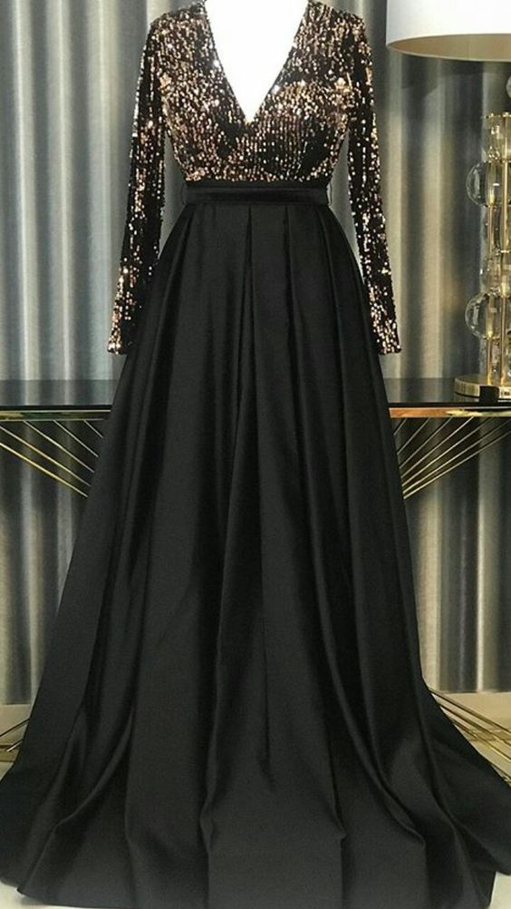 Chic Black A-Line Long Sleeves Prom Dress,Black Formal Dress - FashionDia