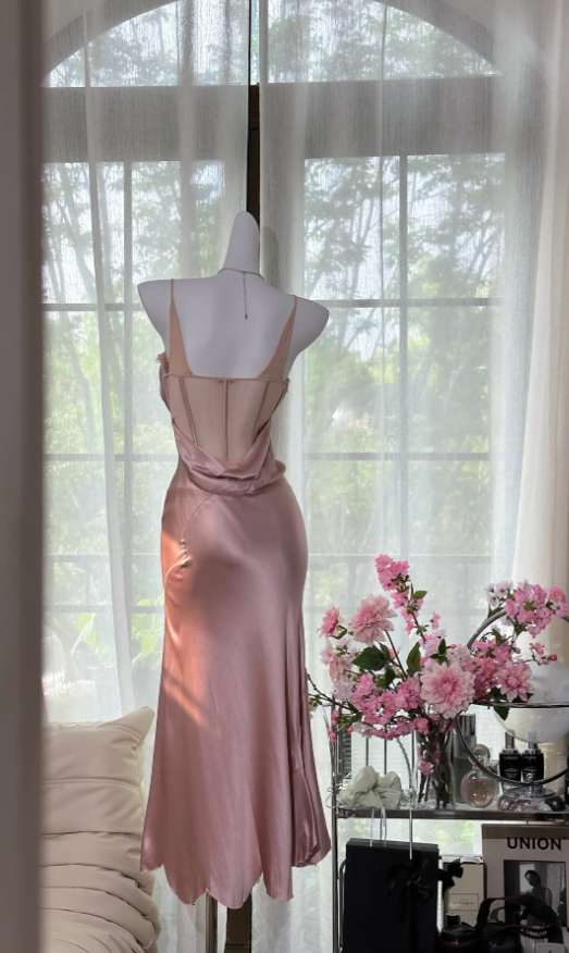 Elegant Spaghetti Straps Sweetheart Neck Pink Satin Mermaid Party Dress Long Birthday Prom Gown - View 5 | FashionDia
