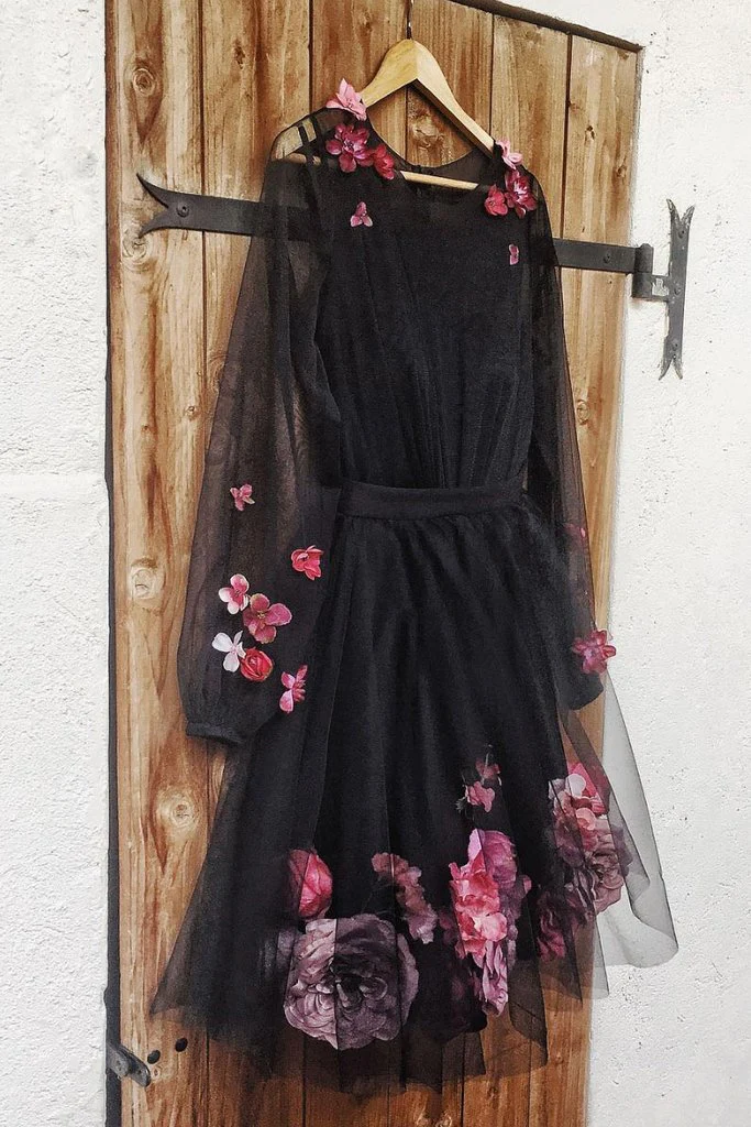 Black round neck tulle short dress, black homecoming dress - FashionDia