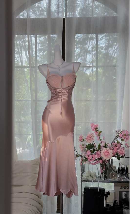 Elegant Spaghetti Straps Sweetheart Neck Pink Satin Mermaid Party Dress Long Birthday Prom Gown - View 3 | FashionDia