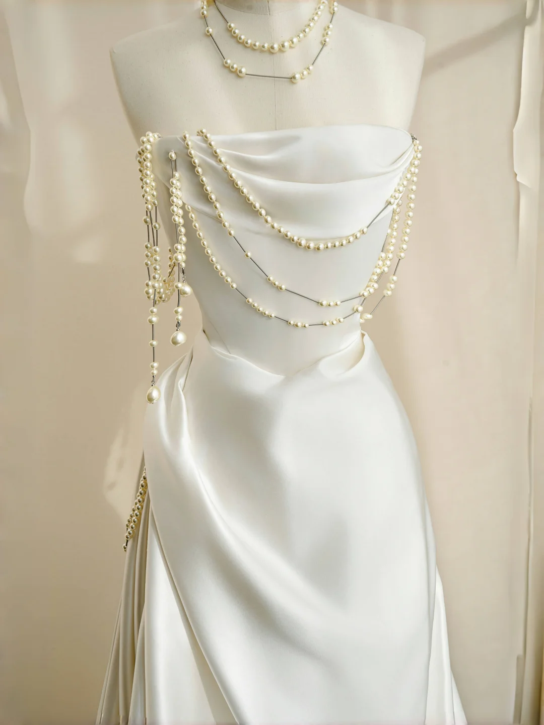 Classy Strapless Satin Pearls Chain White Prom Dress A Line Evening Dress Y8684 - View 2 | VelvetHem