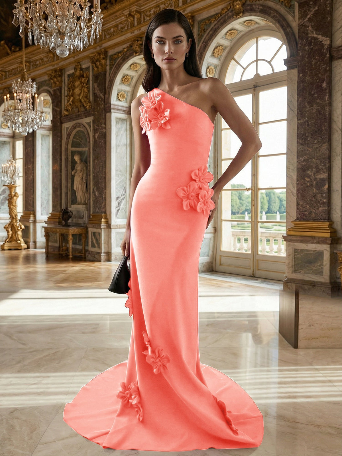 A-Line One-Shoulder Sleeveless Floor-Length Stretch Crepe Dress With 3D Flowers