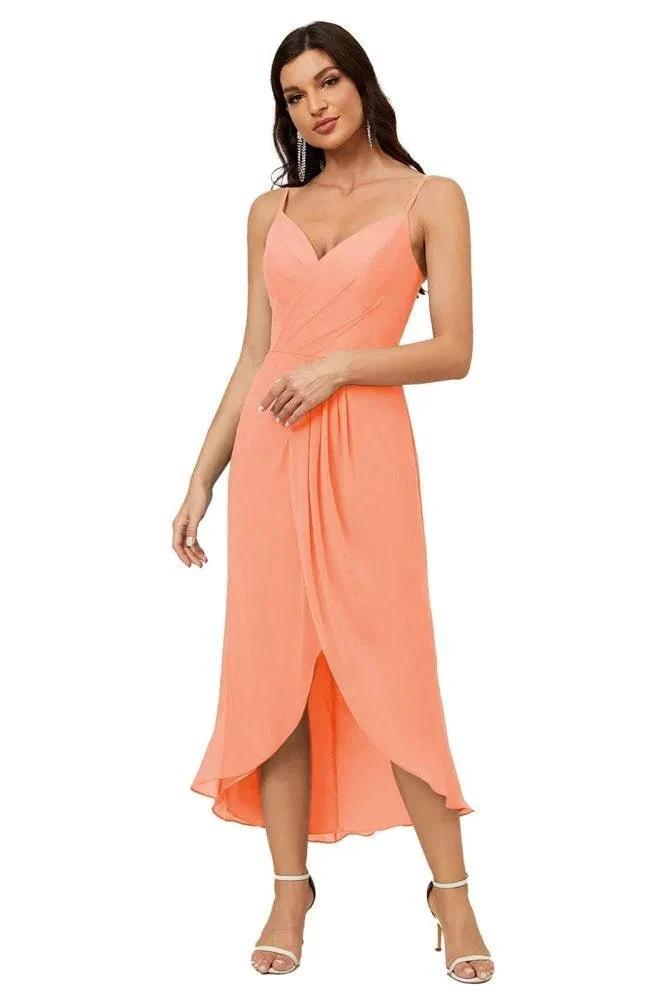 Numbersea Spaghetti Chiffon V Neck Bridesmaid Dress Mid-Length Slit Formal Prom Dress Homecoming Dress 2803 by numbersea