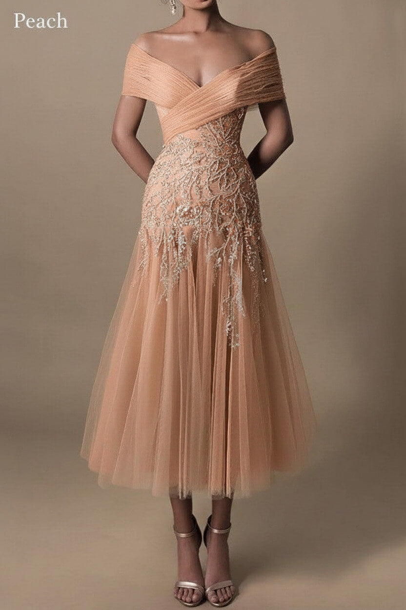 Gorgeous Short Long Off-the-Shoulder Beadings Beach Bridal Dress With Lace