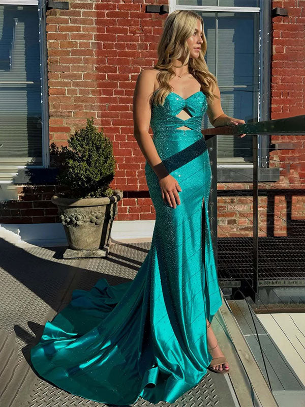 Light Yellow Mermaid Strapless Keyholes Prom Dress with Beads - View 12 | FashionDia