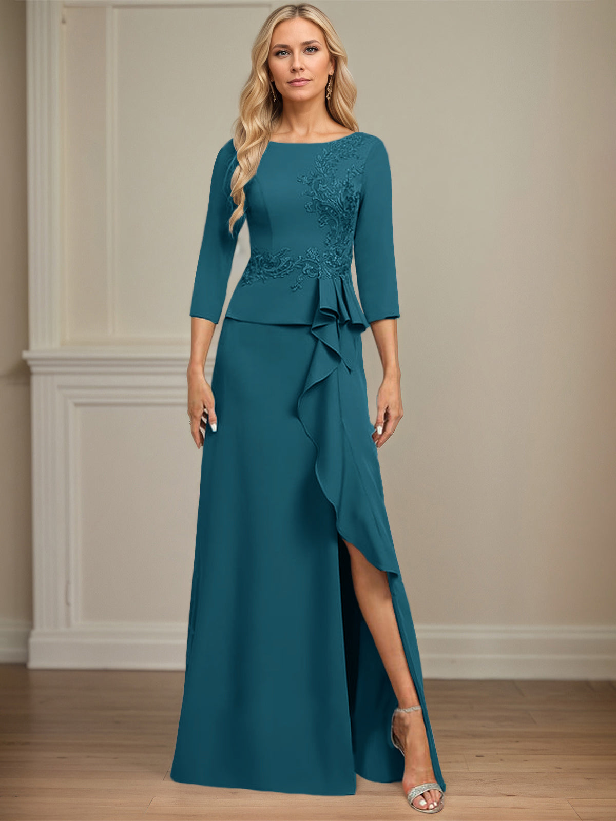 Sheath/Column Scoop Floor-Length Stretch Crepe Dress With Cascading Ruffles Appliques
