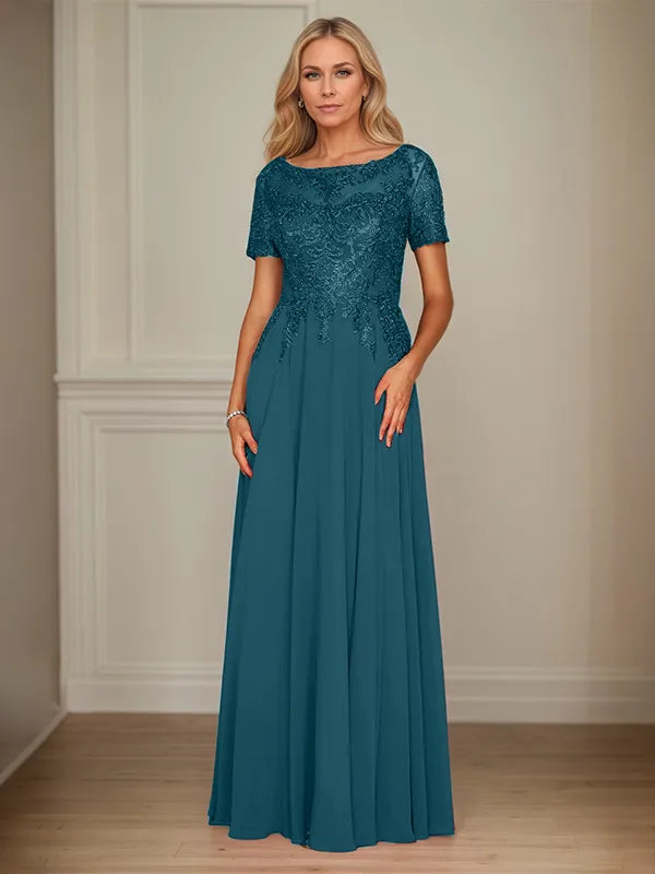 A-Line Chiffon Boat Neck Short Sleeves Floor-Length Mother of the Bride Dresses