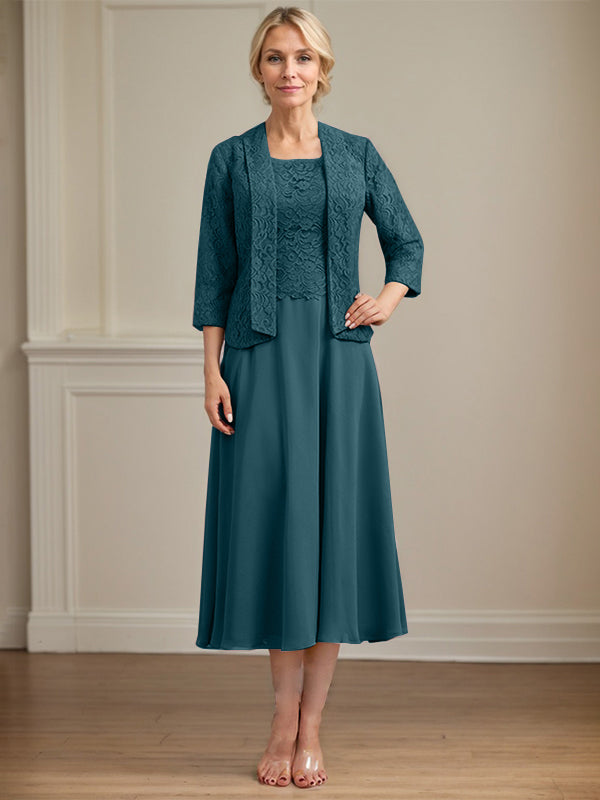 A-line Scoop Tea-Length Lace Chiffon Mother of the Bride Dress