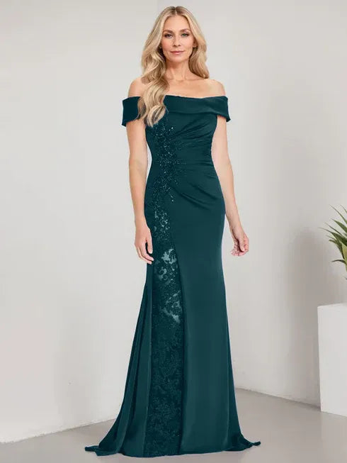 A-Line Off the Shoulder Floor-Length Mother of the Bride Dress Applique Beadings Mermaid Dress With High Split
