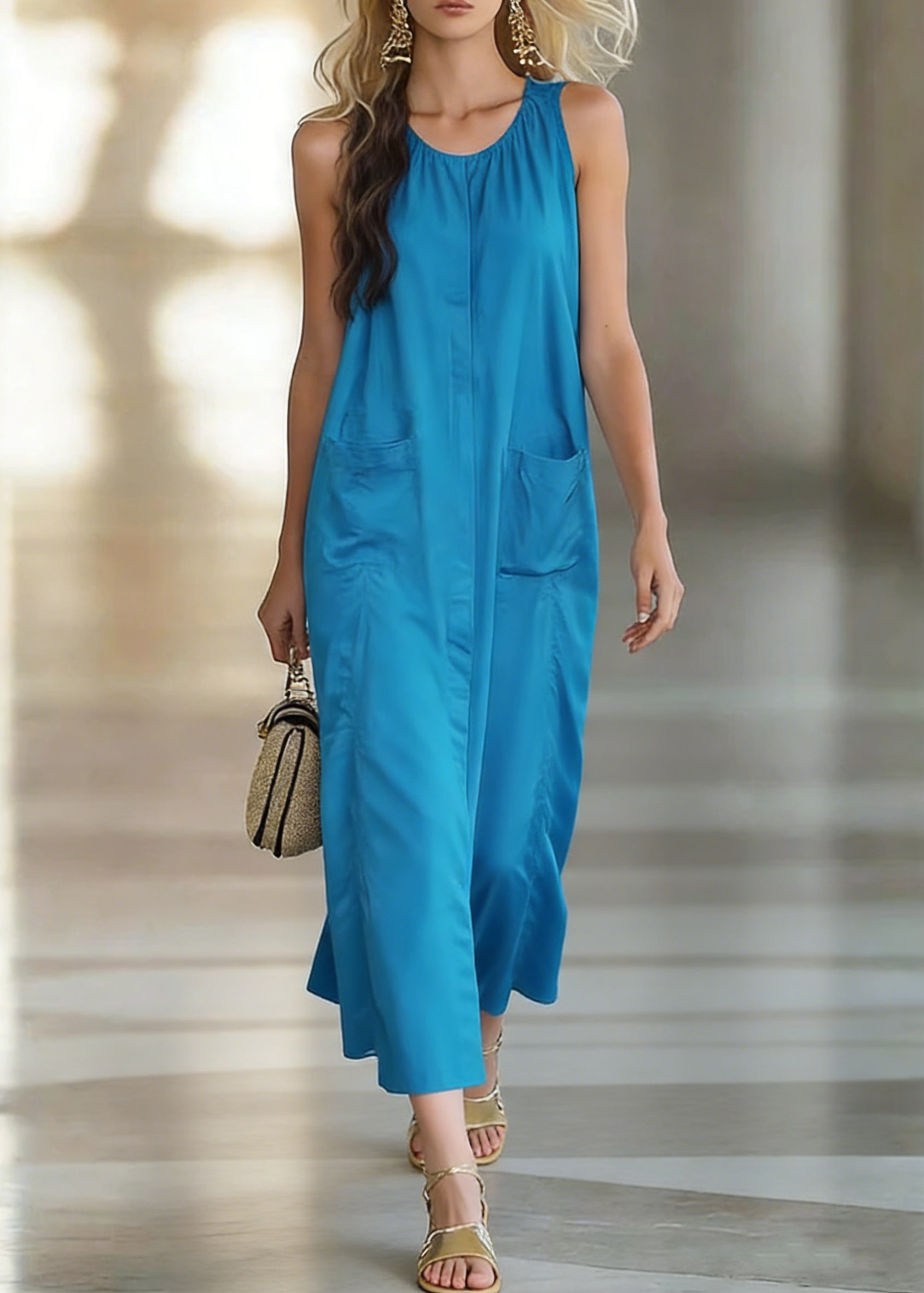 Peacock Blue Pockets Solid Cotton Long Dress O Neck Sleeveless