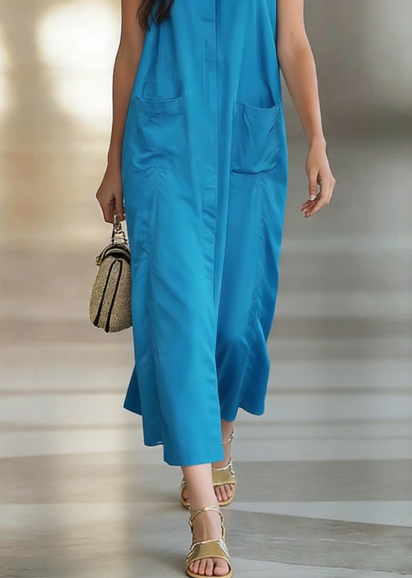Peacock Blue Pockets Solid Cotton Long Dress O Neck Sleeveless