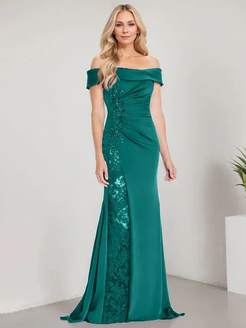 A-Line Off-the-Shoulder Floor-Length Mother of the Bride Dress Applique Beadings Mermaid Dress With High Split