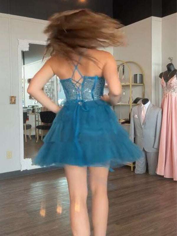 Corset A-line Spaghetti Straps Ruffle Short Homecoming Dress