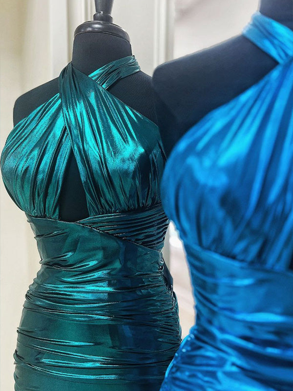 Green Bodycon Halter Neck Open Back Short Tight Metallic Homecoming Dress