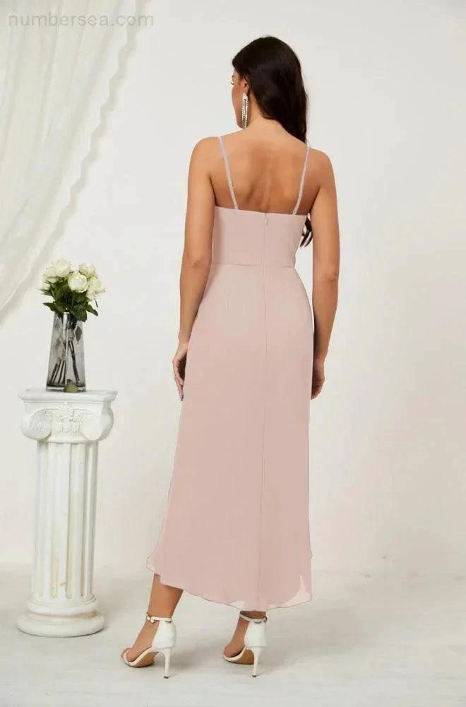 ZapDress Spaghetti Chiffon V Neck Bridesmaid Dress Mid-Length Slit Formal Prom Dress Homecoming Dress 2803 (ZD16952)
