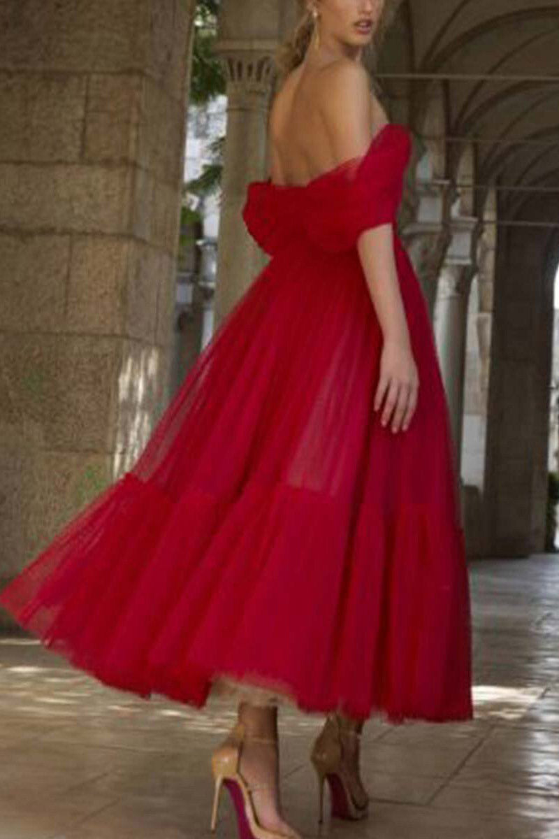 Pearl Pink Off-the-Shoulder Tulle A-Line Prom Dress - Fashionpara