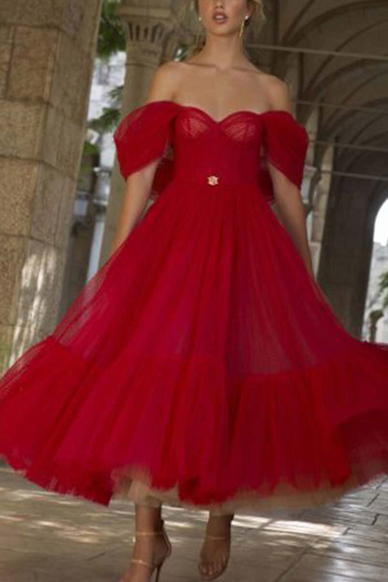 Pearl Pink Off-the-Shoulder Tulle A-Line Prom Dress - Fashionpara