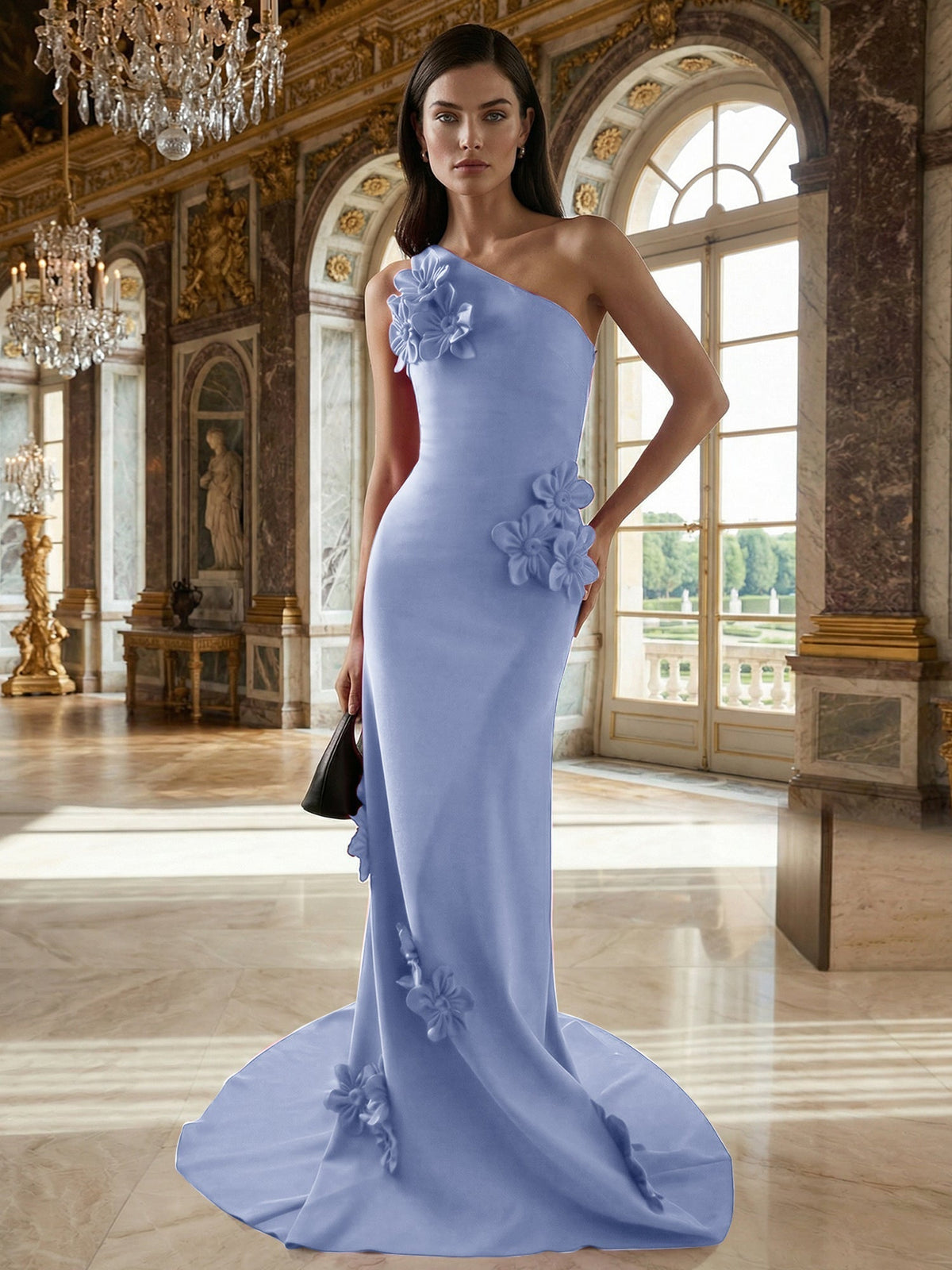 A-Line One-Shoulder Sleeveless Floor-Length Stretch Crepe Dress With 3D Flowers