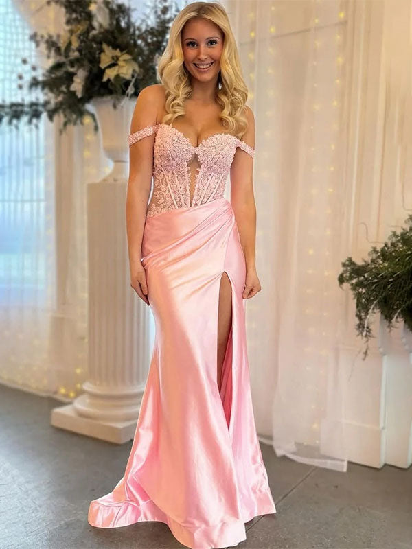 Pink Mermaid Off-Shoulder Sweetheart Appliques Pleated Prom Dress with Slit - FashionDia