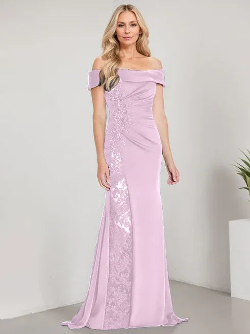 A-Line Off the Shoulder Floor-Length Mother of the Bride Dress Applique Beadings Mermaid Dress With High Split