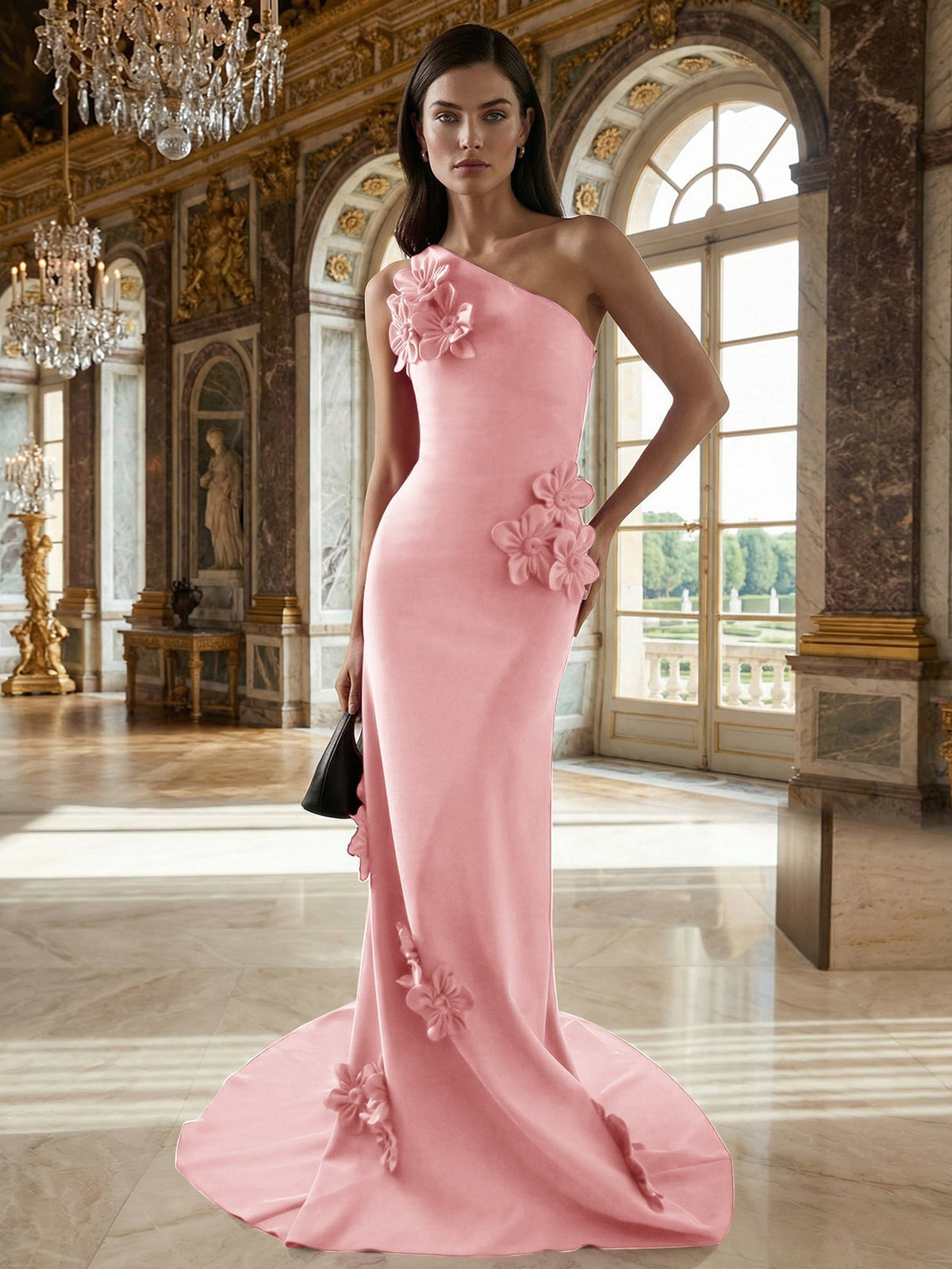 A-Line One-Shoulder Sleeveless Floor-Length Stretch Crepe Dress With 3D Flowers