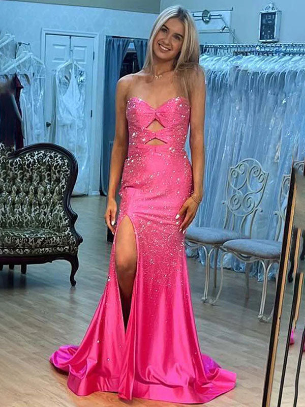 Light Yellow Mermaid Strapless Keyholes Prom Dress with Beads - View 8 | FashionDia