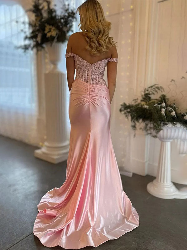 Pink Mermaid Off-Shoulder Sweetheart Appliques Pleated Prom Dress with Slit - View 2 | FashionDia